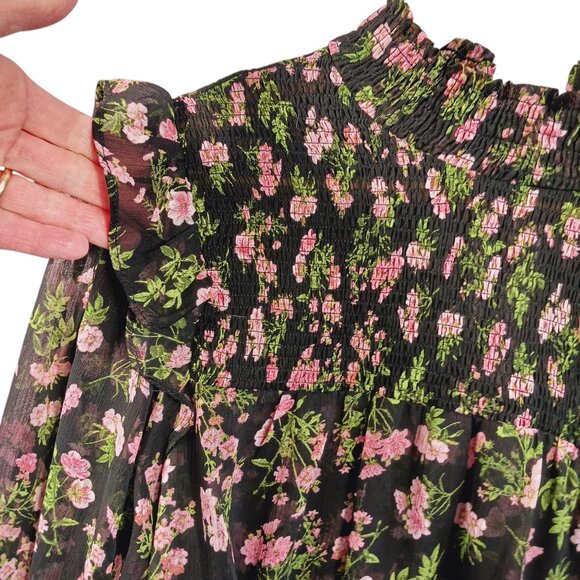 Olivaceous Medium Top, Floral, Ruffled, Smocked, Cottage Core, Boho, Blk/Grn/Pnk - Picture 4 of 15
